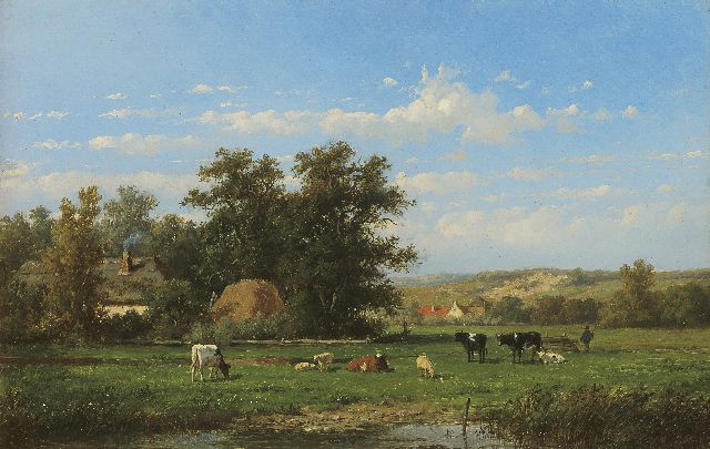 Wijngaerdt A.J. van | Cattle behind the dunes in a summer landscape, oil on panel 25.2 x 37.1 cm, signed l.r.