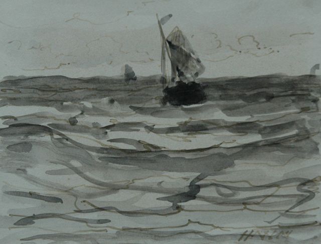 Hendrik Willem Mesdag | Fishing boat at sea, brush in black ink and watercolour on paper, 8.7 x 11.2 cm, signed l.r. with initials and dated 's January 1883'