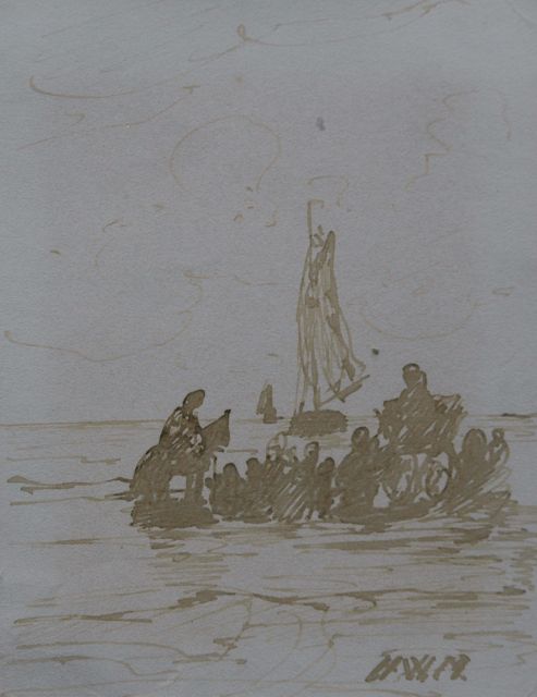 Hendrik Willem Mesdag | Awaiting the fleet, pen in brown ink on paper, 11.2 x 8.7 cm, signed l.r. with initials