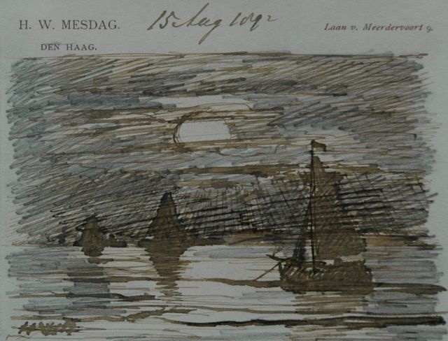 Mesdag H.W.  | Ships at sunset, pencil, pen in brown ink on paper 8.7 x 11.2 cm, signed l.l. with initials and dated August 15th 1892