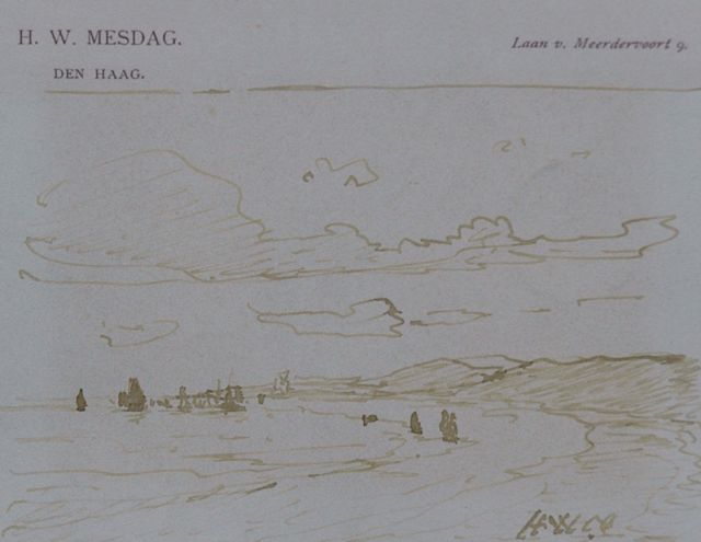 Hendrik Willem Mesdag | A view from the dunes, pen in brown ink on paper, 8.7 x 11.2 cm, signed l.r. with initials