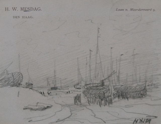 Hendrik Willem Mesdag | Fishermen and barges on the beach, pencil on paper, 8.7 x 11.2 cm, signed l.r. with initials