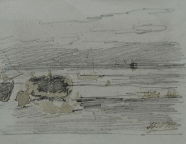 Hendrik Willem Mesdag | Fisherfolk and barges, pencil, pen in brown ink on paper, 8.7 x 11.2 cm, signed l.r. with initials