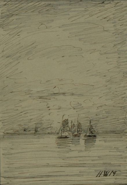 Mesdag H.W.  | Ships at sea, pencil, pen in black ink on paper 13.7 x 9.9 cm, signed l.r. with initials