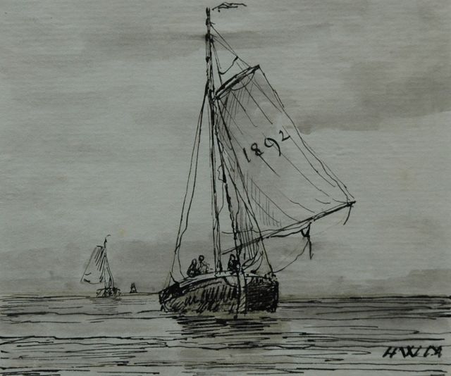 Hendrik Willem Mesdag | A barge returning from sea, pen and brush in ink on paper, 9.6 x 11.5 cm, signed l.r. with initials and dated 1892