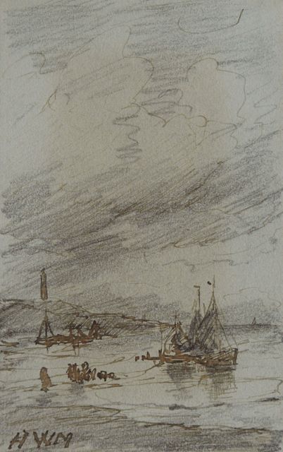 Hendrik Willem Mesdag | Fishing boats near the Scheveningen lighthouse, pencil, pen in brown ink on paper, 10.1 x 6.4 cm, signed l.l. with initials