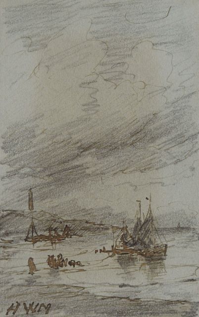 Hendrik Willem Mesdag | Fishing boats near the Scheveningen lighthouse, pencil, pen in brown ink on paper, 10.1 x 6.4 cm, signed l.l. with initials