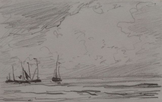 Hendrik Willem Mesdag | Barges sailing out, pencil on paper, 6.4 x 10.1 cm