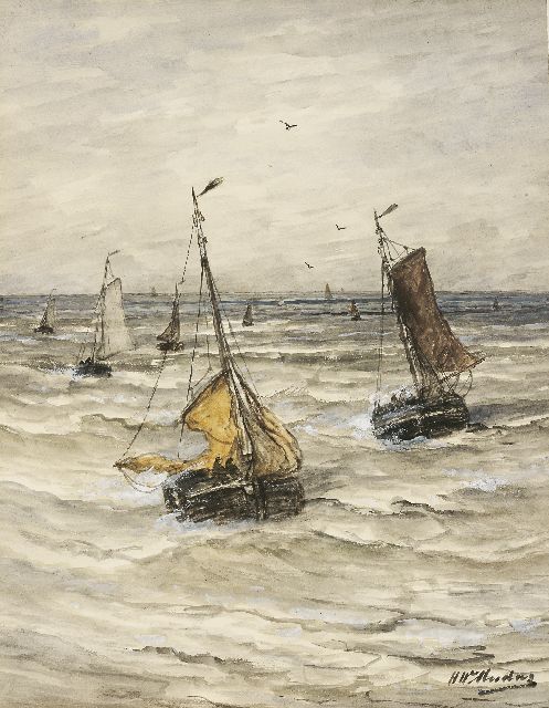 Hendrik Willem Mesdag | Bringing in the catch, watercolour and gouache on paper laid down on paper, 52.8 x 40.4 cm, signed l.r.