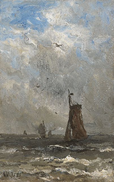 Hendrik Willem Mesdag | Barges at sea, oil on panel, 24.7 x 15.7 cm, signed l.l. with initials