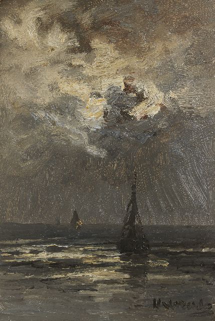 Mesdag H.W.  | Fishing boats in a calm by moonlight, oil on panel 35.0 x 23.5 cm, signed l.r. and painted ca. 1895