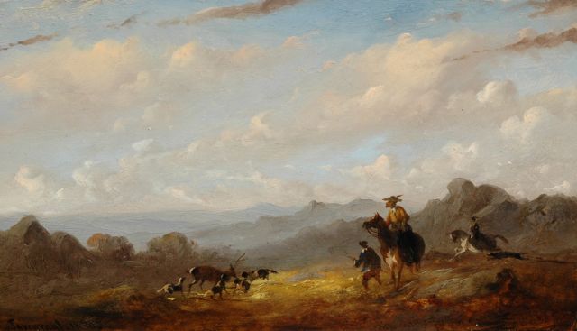 Tavenraat J.  | The hunting party, oil on panel 14.1 x 24.6 cm, signed l.l. and dated 1850