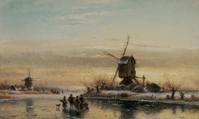 Kleijn L.J.  | A frozen waterway with skaters and a windmill, oil on panel 33.7 x 52.1 cm, signed l.l.