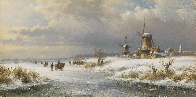 Lodewijk Johannes Kleijn | A winter landscape with skaters and a sledge, oil on panel, 26.6 x 52.8 cm, signed l.l.