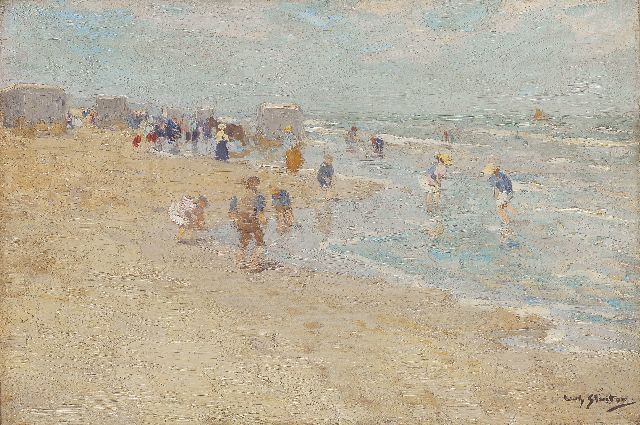 Willy Sluiter | Paddling on the beach of Scheveningen, oil on canvas, 30.9 x 45.9 cm, signed l.r.