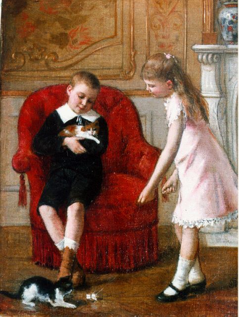 Albert Roosenboom | Playing with the kittens, oil on canvas, 24.2 x 18.4 cm, signed l.r. with monogram and dated '86