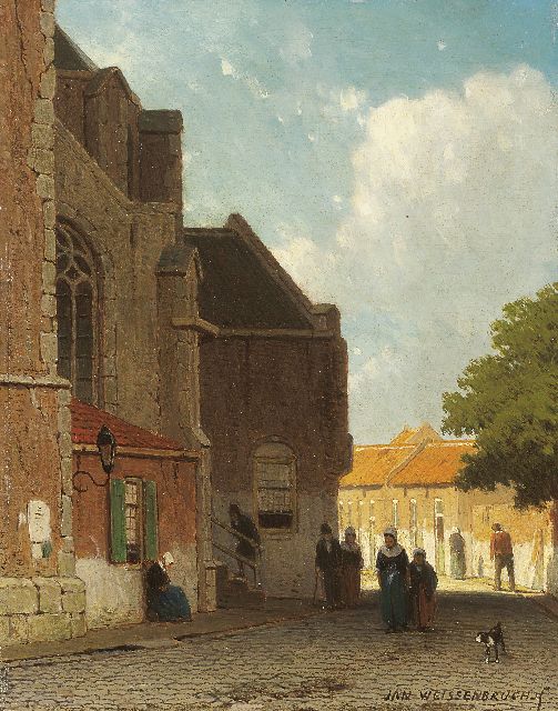 Weissenbruch J.  | Figures behind the St.-Joris church in Amsterdam, oil on panel 19.0 x 15.1 cm, signed l.r.