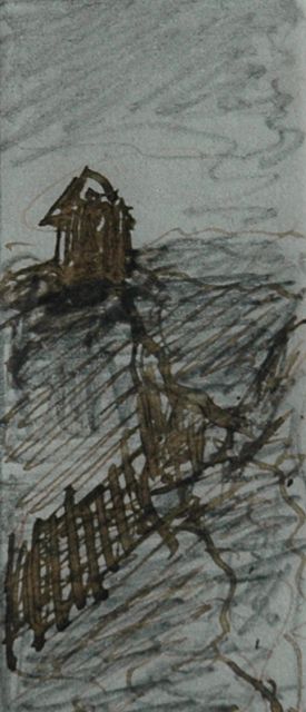 Hendrik Willem Mesdag | Observation post in the dunes, pencil, pen in black ink on paper, 6.3 x 2.4 cm