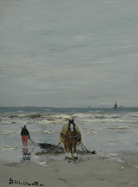 Munthe G.A.L.  | Shell fisherman with horse and drag-net, oil on painter's board 20.0 x 14.9 cm, signed l.l. and painted 1925