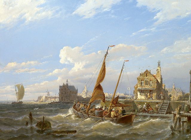 Pieter Cornelis  Dommershuijzen | A ferry in an estuary, oil on panel, 42.5 x 61.3 cm, signed l.l. and dated 1888
