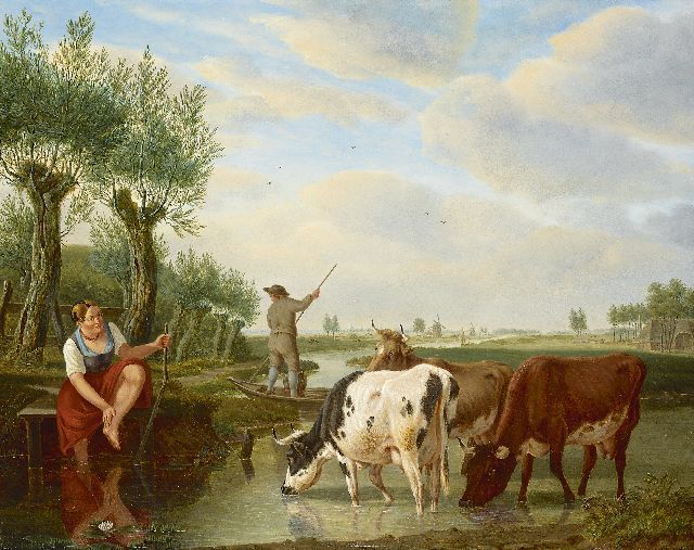 Kuytenbrouwer M.A.  | A ferryman and cowherd in a Dutch river landscape, oil on panel 38.8 x 47.3 cm, signed l.r.