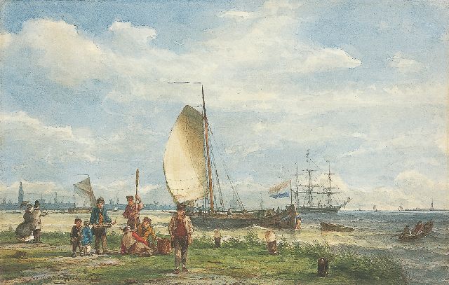 Jan H.B. Koekkoek | Sailing vessels on the river IJ near Amsterdam, watercolour on paper, 22.0 x 34.0 cm, signed l.l. and dated 1865