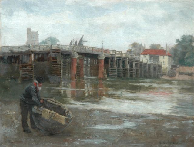 Johnson A.  | The old bridge, Putney, oil on canvas laid down on panel 26.4 x 34.3 cm, signed l.r.