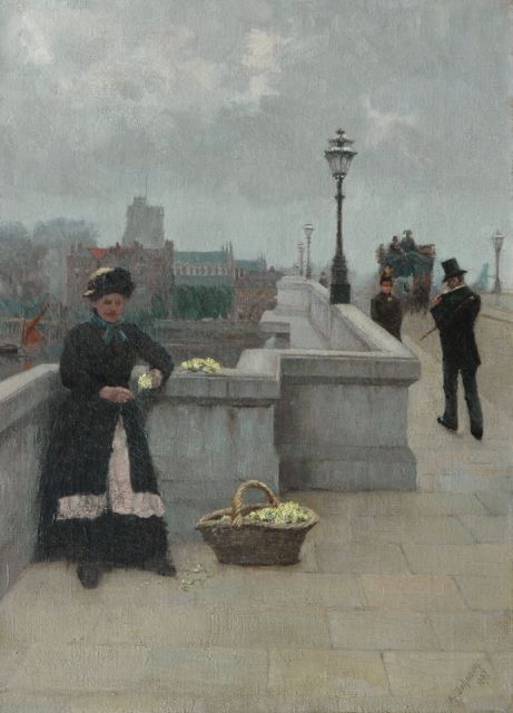 Alfred Johnson | Flower-girl on the Putney Bridge, London, oil on canvas, 45.7 x 33.1 cm, signed l.r. and dated 1887