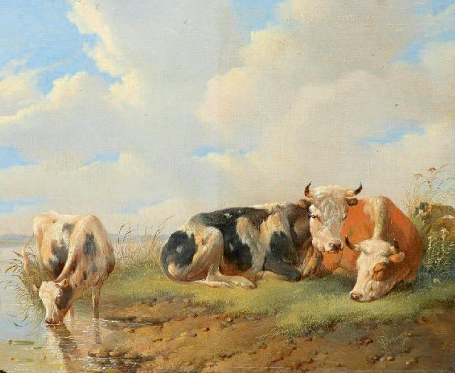 Albertus Verhoesen | Resting and drinking cattle by the waterside, oil on panel, 27.8 x 33.7 cm, signed l.r. and painted 1855