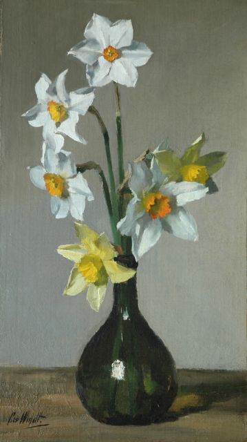 Windt Ch. van der | Yellow and white daffodils in a vase, oil on canvas laid down on panel 41.9 x 24.2 cm, signed l.l.