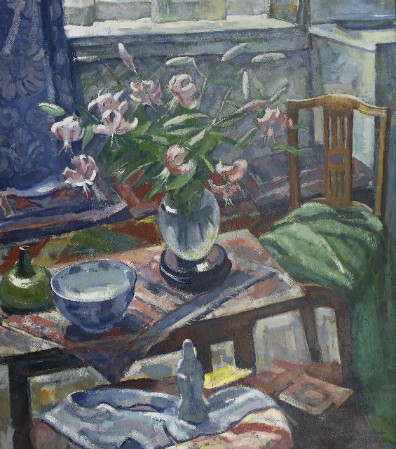 Koning R.  | Lilies in a vase on a coffee table, oil on canvas 161.3 x 139.7 cm, signed l.r. and dated 1980