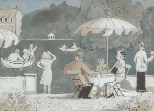 Harm Kamerlingh Onnes | A terrace by the water, Valkenburg Oude Rijn, near Oegstgeest, pen, ink and watercolour on paper, 19.5 x 27.0 cm, painted circa 1960