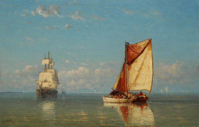 Schütz J.F.  | Three-master and fishing boat in a calm, oil on panel 32.6 x 50.8 cm, signed l.l. and dated '79