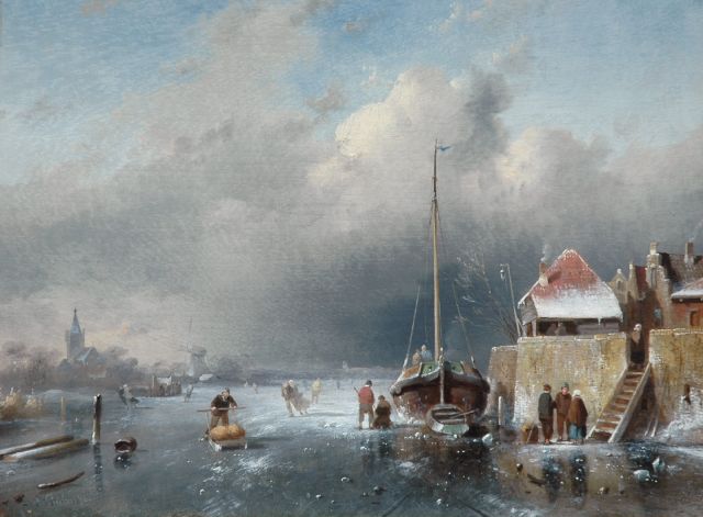 Charles Leickert | Skaters on a Dutch waterway, an approaching blizzard in the distance, oil on panel, 24.2 x 31.2 cm, signed l.l. and dated '64