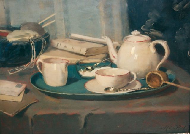 Regteren Altena M.E. van | Still life with a tea set, oil on panel 54.0 x 39.5 cm, signed l.r.