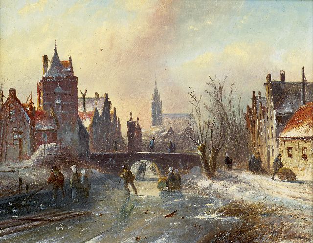 Jacob Jan Coenraad Spohler | Skaters on a canal in winter, oil on panel, 16.0 x 21.0 cm, signed l.r.