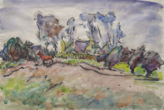 Jan Altink | Horse on a farmyard, black chalk and watercolour on paper, 36.5 x 54.0 cm, signed l.r. and dated '50