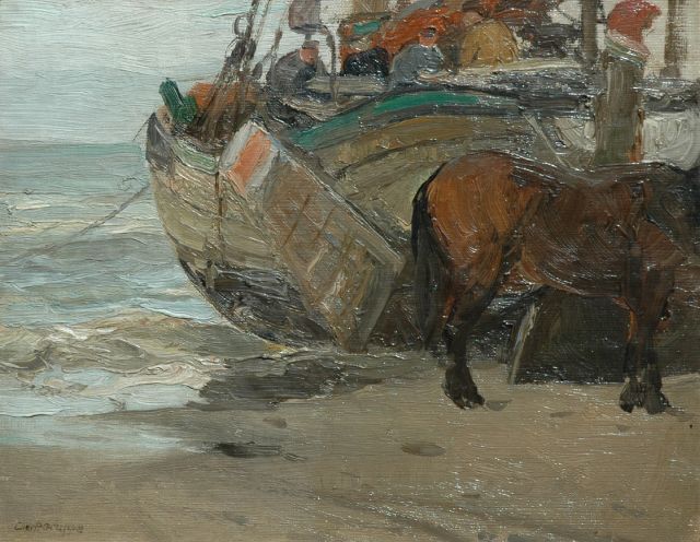 Charles Paul Gruppe | A fishingbarge on the beach, oil on canvas laid down on painter's board, 25.3 x 32.1 cm, signed l.l.