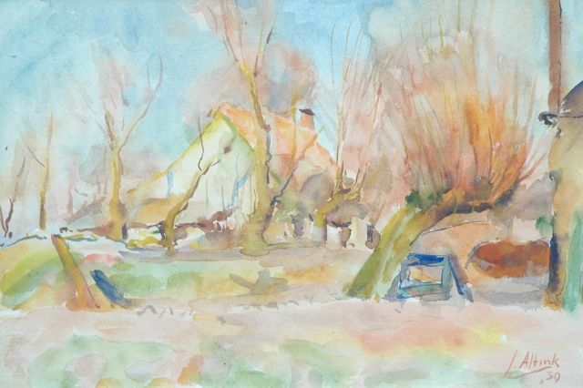 Altink J.  | Farmhouse behind pollard willows, watercolour on paper 31.5 x 44.0 cm, signed l.r. and dated '39