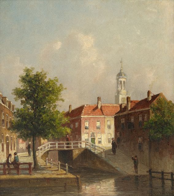 Vertin P.G.  | A view of the Nieuwe Gracht, corner Jansstraat, Haarlem, oil on panel 23.6 x 20.8 cm, signed l.r.