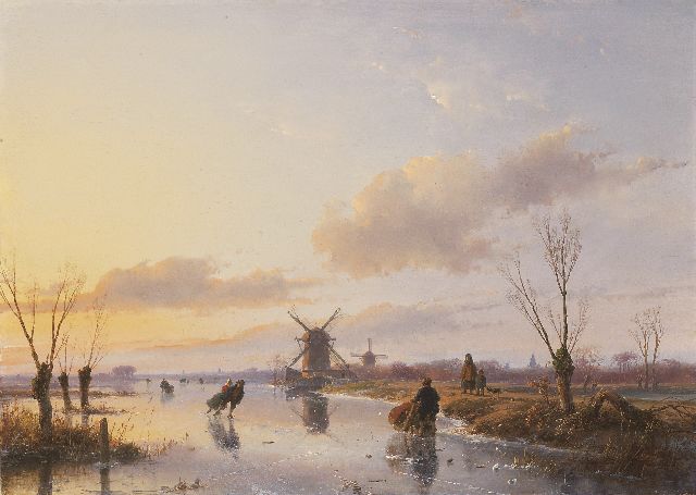 Andreas Schelfhout | Skaters on a Dutch waterway at sunset, oil on panel, 47.1 x 66.3 cm, signed l.r. and dated 1845