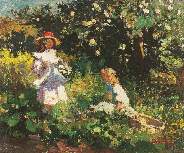 Graafland R.A.A.J.  | Picking flowers, oil on panel 28.2 x 33.6 cm, signed l.r. and dated 1911