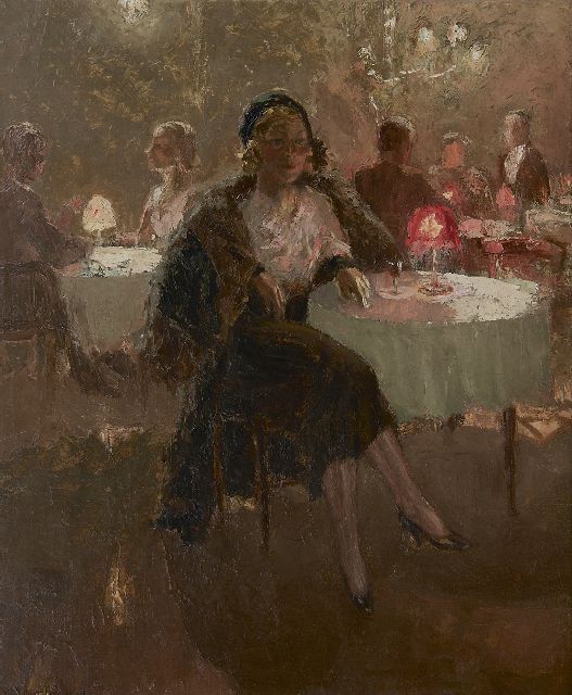 Meegeren H.A. van | The actress Clara Vischer-Blaaser in a tea room, oil on canvas 73.2 x 60.4 cm, signed l.l. and painted ca. 1927-1932