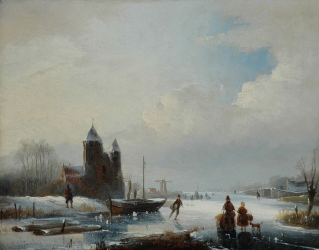 Jan Jacob Spohler | A winter landscape with skaters, oil on panel, 20.5 x 26.2 cm, signed l.l.