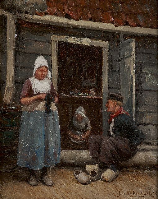 Jan H.B. Koekkoek | A chat at the front door, Volendam, oil on panel, 25.2 x 19.7 cm, signed l.r. and dated '94