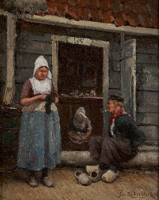 Koekkoek J.H.B.  | A chat at the front door, Volendam, oil on panel 25.2 x 19.7 cm, signed l.r. and dated '94