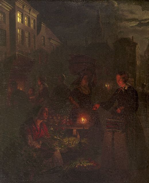 Petrus van Schendel | A moonlit market in The Hague, oil on canvas, 66.5 x 51.2 cm, executed 1855-1860