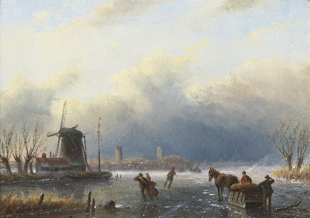 Jacob Jan Coenraad Spohler | A winter landscape with skaters and a horse-drawn sledge, oil on panel, 15.4 x 21.1 cm