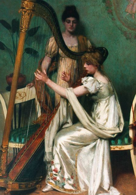 Marie Wandscheer | A harpist, oil on panel, 44.5 x 30.4 cm, signed l.l.