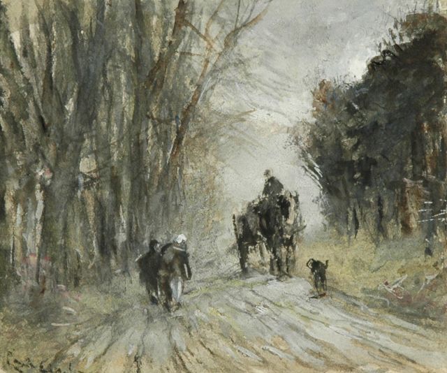 Louis Apol | Horse and carriage and figures on a snowy forest path, watercolour on paper, 10.8 x 13.4 cm, signed l.l. (vague)